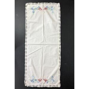 Vintage Small Table Runner with Bows and Flowers, Lace Edges 34” x 14” size